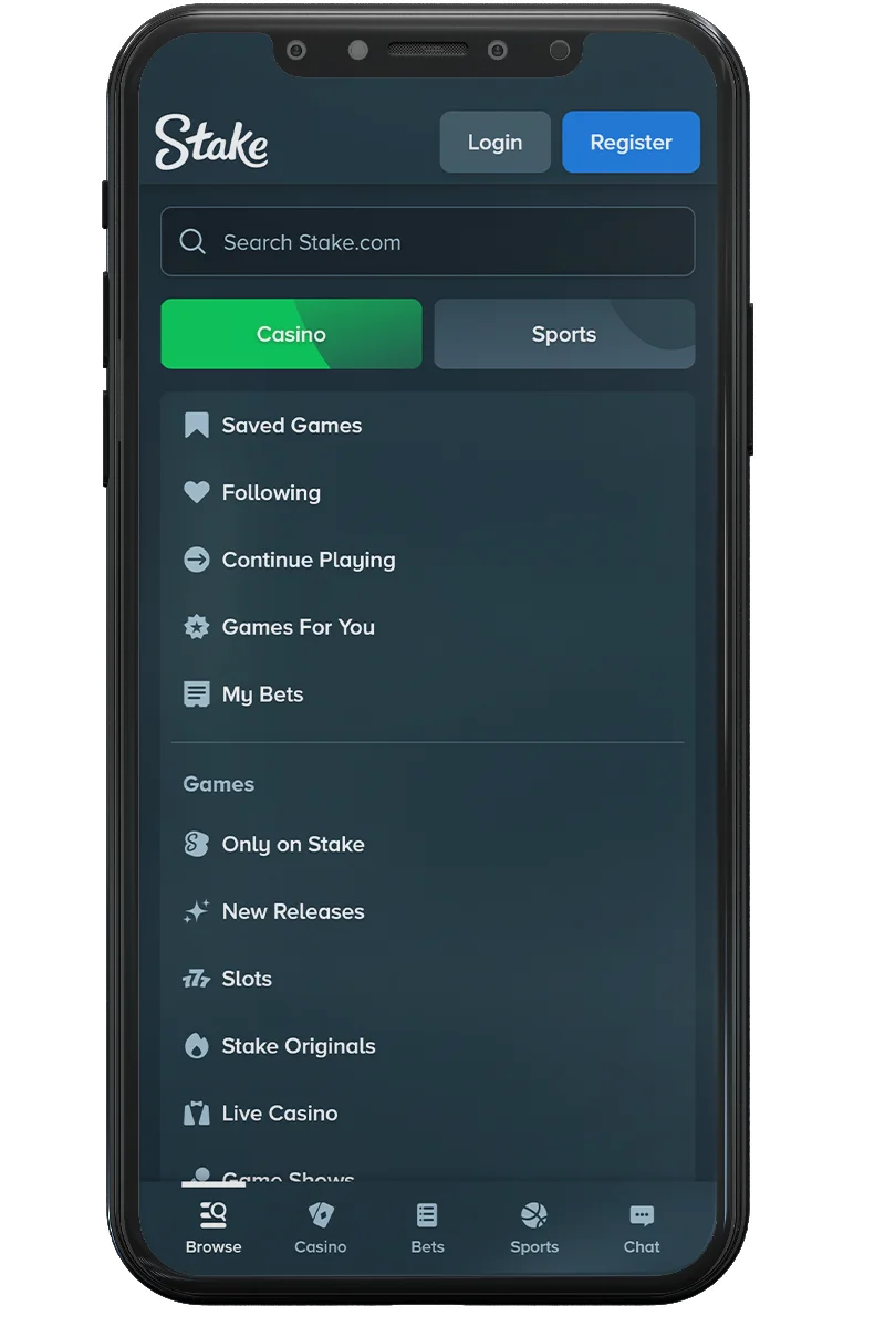 Screenshot of an online casino on a mobile phone